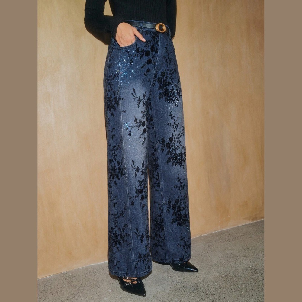 Blue Wash Floral Rhinestone Embellished High Rise Wide Leg Denim Jeans